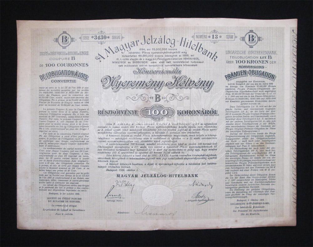 Magyar Jelzlog-Hitelbank nyeremny-ktvny 100 korona 1906 B